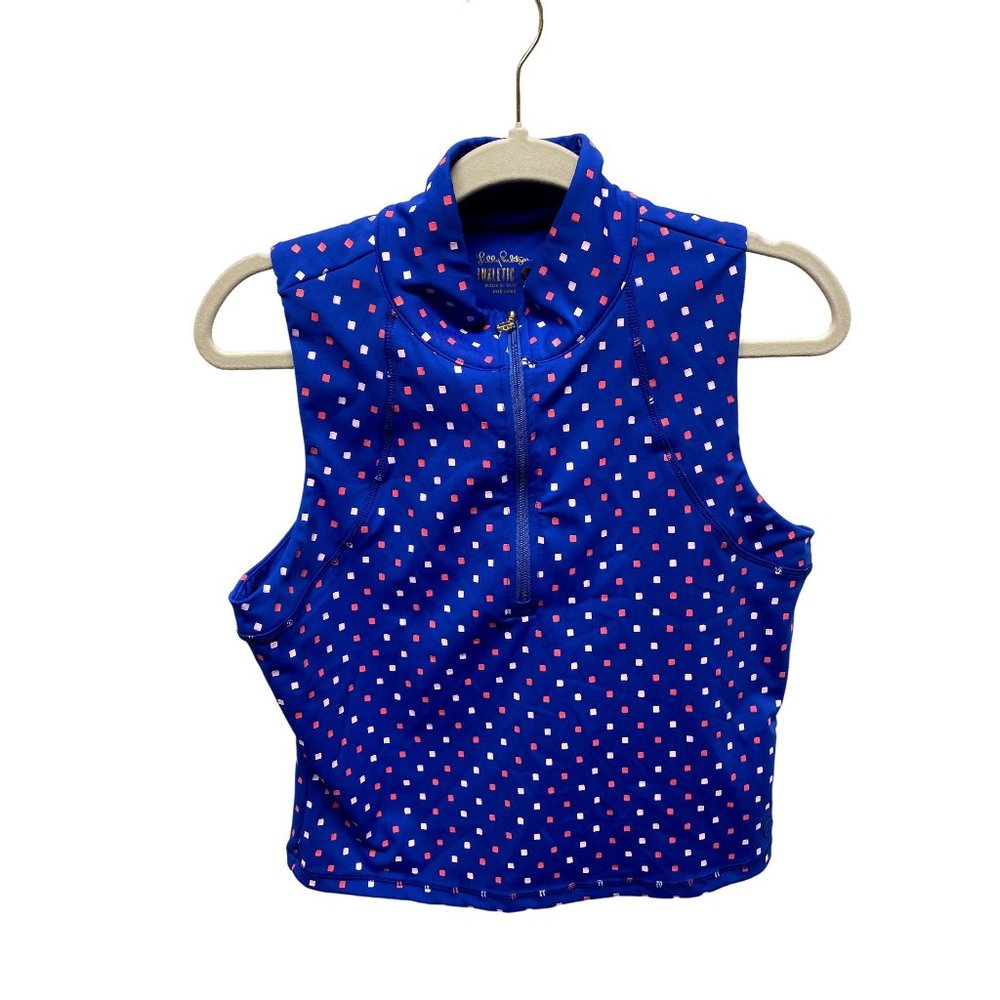 Lilly Pulitzer Royal Blue Sleeveless Zip Tank with Pink & White Dot Print